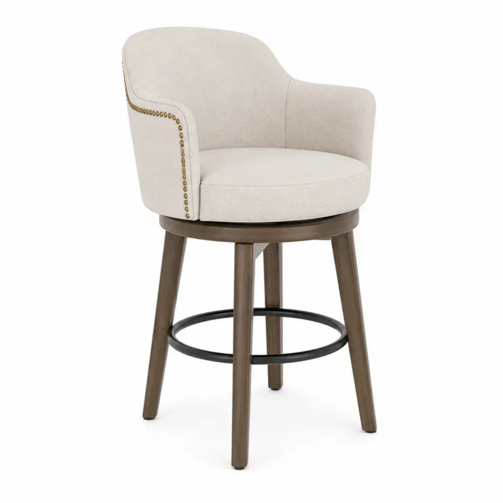 Barhocker mit Armlehnen Drehhocker 56 x 57 x 94 cm Polyester Gummibaumholz Stahl runder Sitz Beige Braun Schwarz