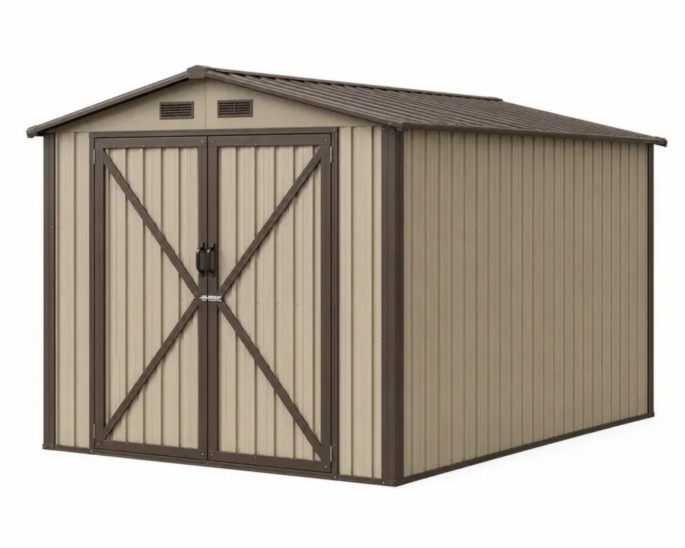 Gerätehaus Gartenschuppen mit Doppeltür und Satteldach aus verzinktem Stahlblech Beige Braun 312 x 257 x 202 cm