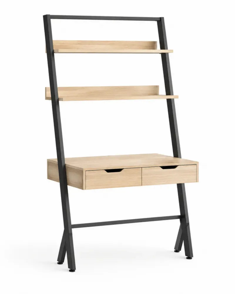 Schreibtisch mit Leiterregal 2 Schubladen und Ablagen aus melaminbeschichteter Spanplatte mit Stahlrahmen helle Eiche Optik schwarz 84 x 50 x 167 cm