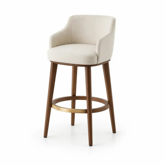 Barhocker mit Rückenlehne und Armauflagen Polyester Leinen Gummibaumholz runde Sitzfläche beige walnussbraun goldfarben 56 x 57 x 98 cm