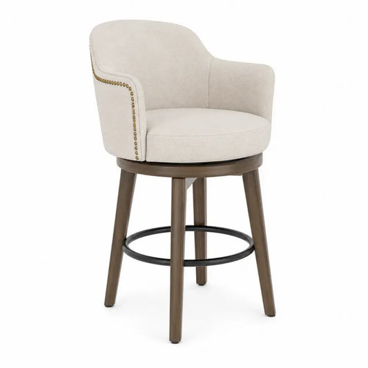 Barhocker mit Armlehnen Drehhocker 56 x 57 x 94 cm Polyester Gummibaumholz Stahl runder Sitz Beige Braun Schwarz