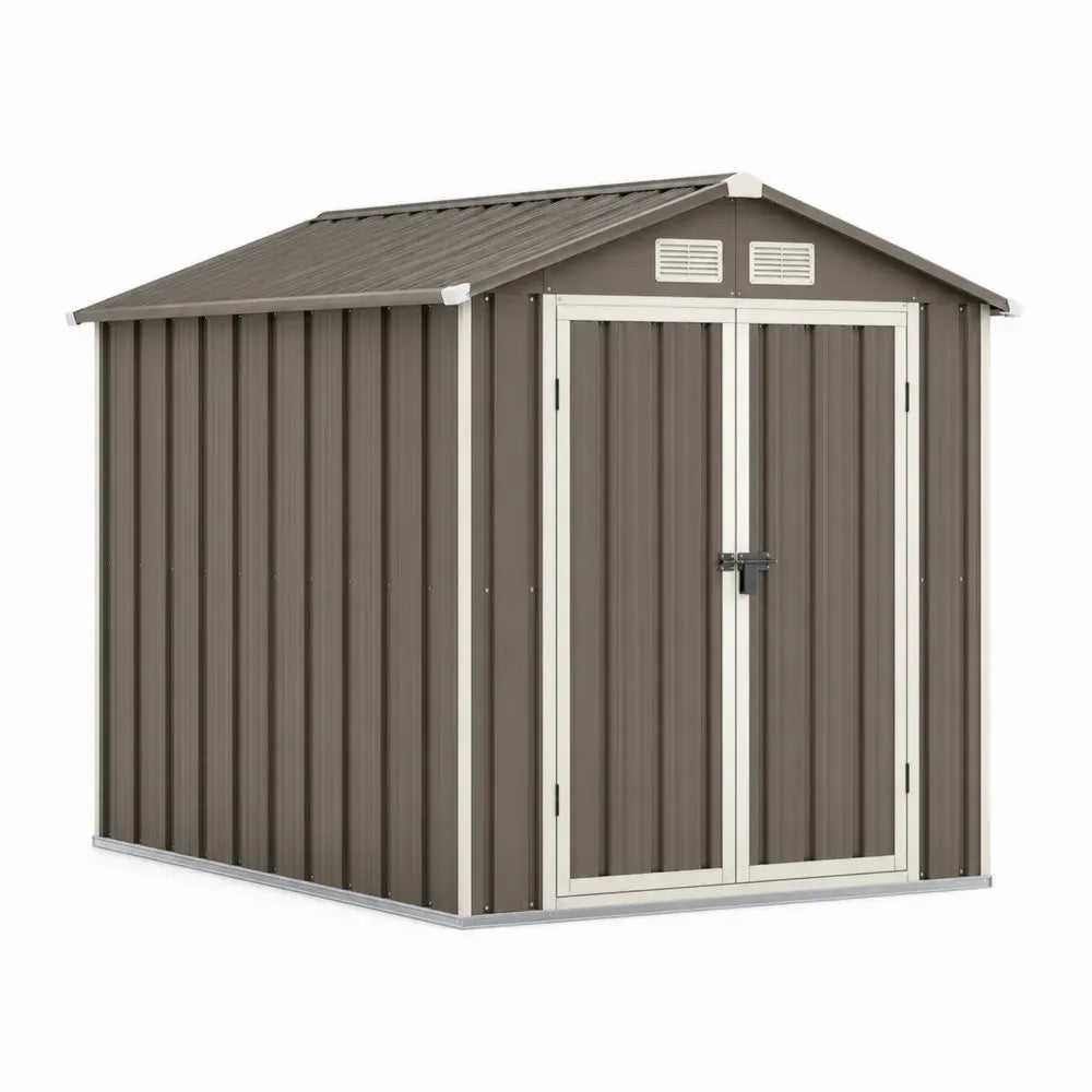 Gartenschuppen Gerätehaus rechteckig mit Doppeltür Satteldach und Lüftung 213 x 127 x 185 cm verzinktes Stahlblech Braun Creme