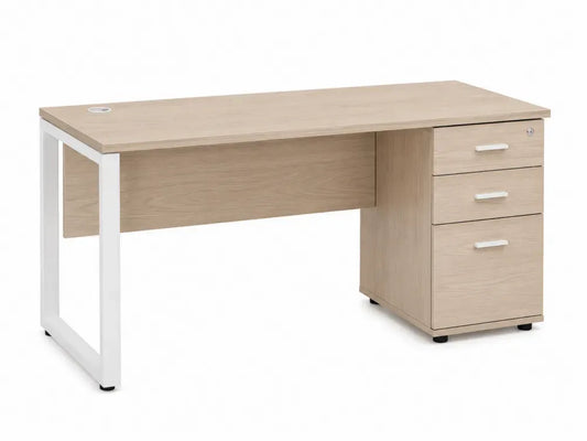 Schreibtisch mit 3 Schubladen und Kabeldurchlass 140 x 60 x 75 cm MDF Tischplatte Stahlgestell Holzoptik Weiß
