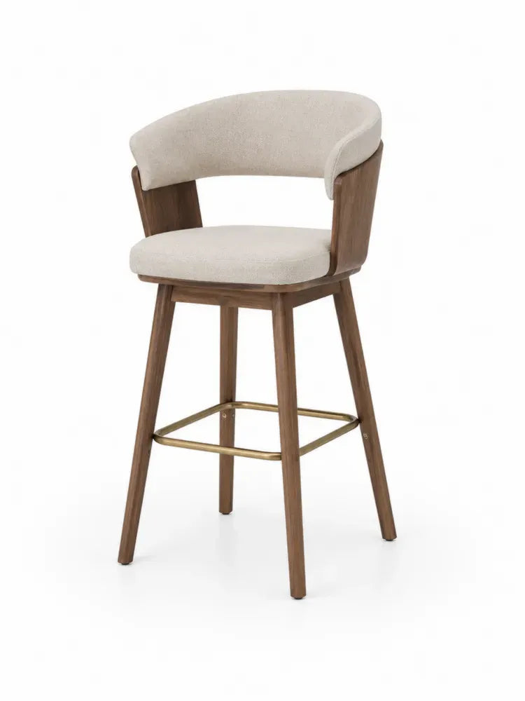 Barhocker mit Rückenlehne Polyester-Bouclé Gummibaumholz Stahl abgerundete Sitzfläche beige walnussbraun goldfarben 55 x 54 x 96 cm