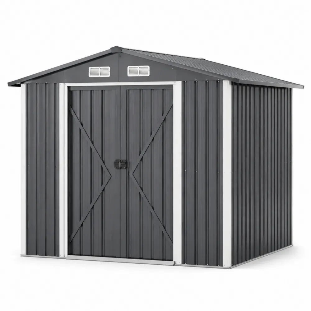 Gartenschuppen Gerätehaus rechteckig mit Doppeltür Satteldach und Lüftungsgittern 257 x 205 x 178 cm verzinktes Stahlblech Anthrazit Weiß