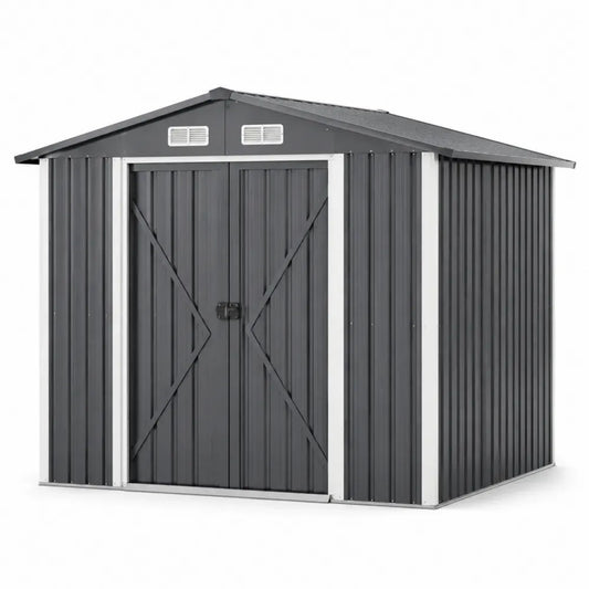 Gartenschuppen Gerätehaus rechteckig mit Doppeltür Satteldach und Lüftungsgittern 257 x 205 x 178 cm verzinktes Stahlblech Anthrazit Weiß