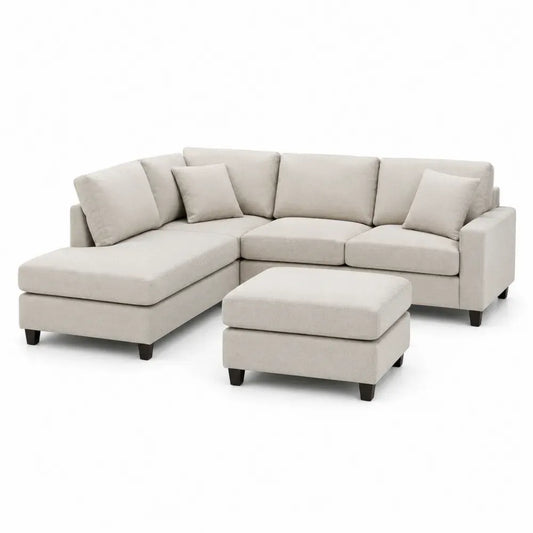 Ecksofa Modulsofa Set mit Recamiere links und Hocker 275 x 165 x 85 cm Polyestergewebe L-Form Hellbeige Schwarz