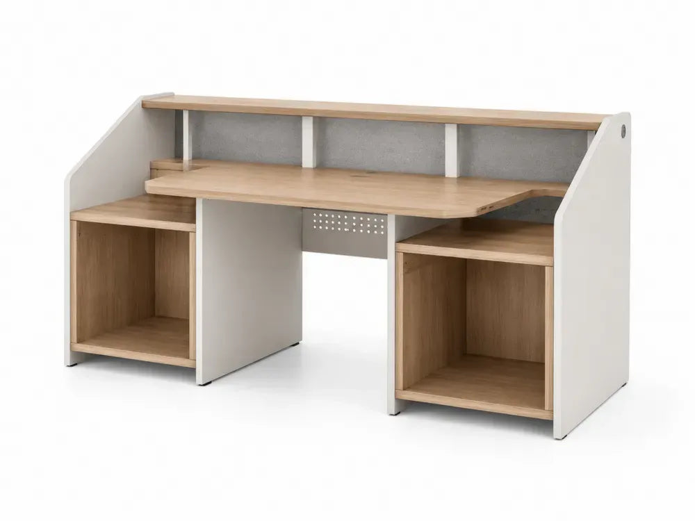 Schreibtisch mit Aufsatz offenen Regalfächern und Kabeldurchlass aus melaminbeschichteter Spanplatte helle Holzoptik weiß grau 140 x 60 x 110 cm