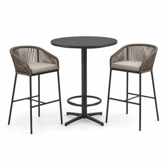 Gartenbar-Set 3-teilig mit rundem Bartisch und 2 Barstühlen Tisch Ø 70 x 105 cm Stahl PE-Rattan Schwarz Taupe Beige