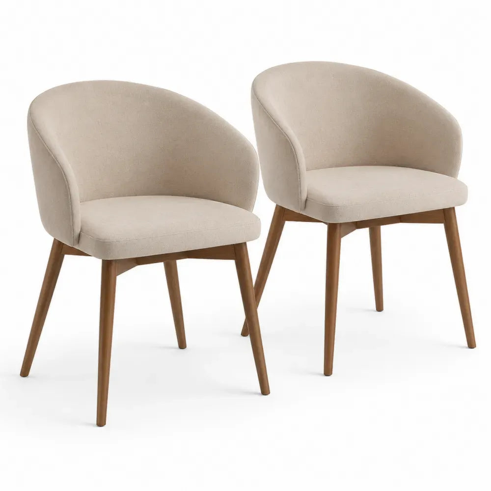Esszimmerstühle 2er Set mit Armlehnen 58 x 56 x 76 cm Polyestergewebe Kautschukholz abgerundete Sitzschale Beige Naturbraun