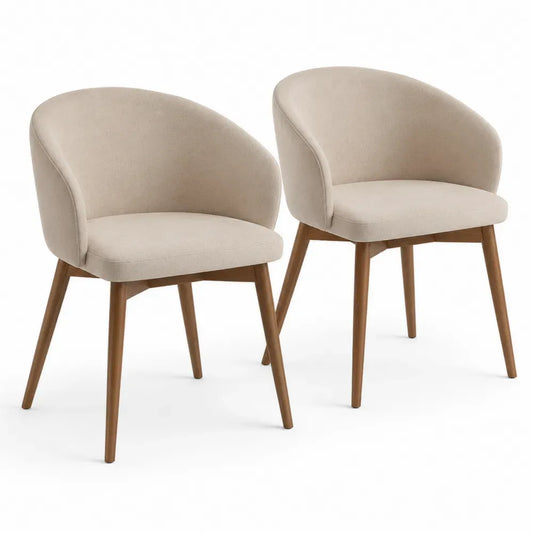 Esszimmerstühle 2er Set mit Armlehnen 58 x 56 x 76 cm Polyestergewebe Kautschukholz abgerundete Sitzschale Beige Naturbraun