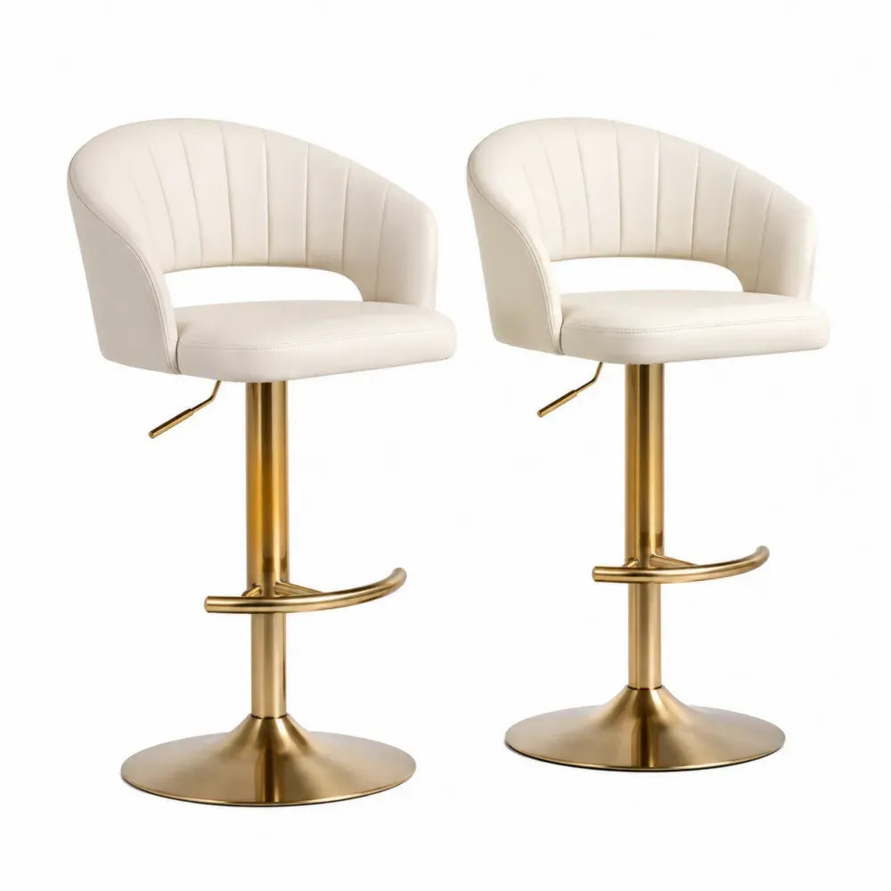 Barhocker 2er Set Drehhocker höhenverstellbar PU-Kunstleder Stahl Schalenrücken creme goldfarben 54 x 52 x 84 bis 105 cm