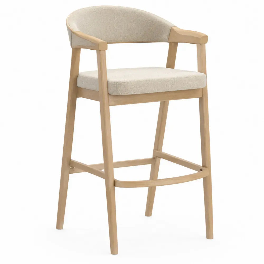 Barhocker mit Armlehnen Polyester-Bouclé Gummibaum-Massivholz Rundrücken beige naturholzfarben 55 x 54 x 103 cm