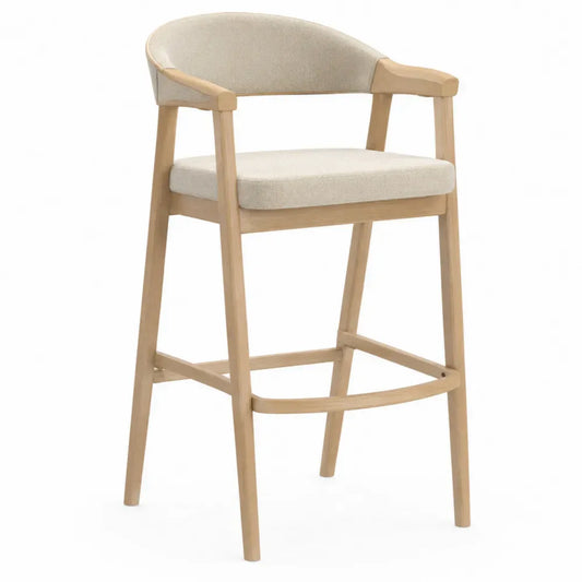 Barhocker mit Armlehnen Polyester-Bouclé Gummibaum-Massivholz Rundrücken beige naturholzfarben 55 x 54 x 103 cm