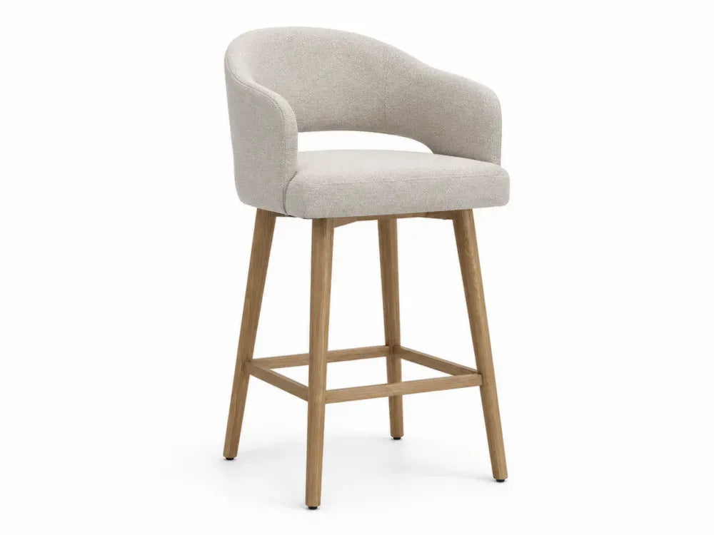 Barhocker mit Rückenlehne und Armlehnen Polyester-Bouclé Gummibaumholz abgerundete Sitzschale beige naturholzfarben 55 x 54 x 96 cm