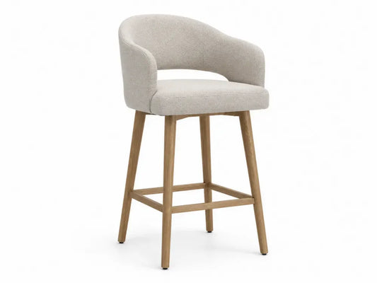 Barhocker mit Rückenlehne und Armlehnen Polyester-Bouclé Gummibaumholz abgerundete Sitzschale beige naturholzfarben 55 x 54 x 96 cm