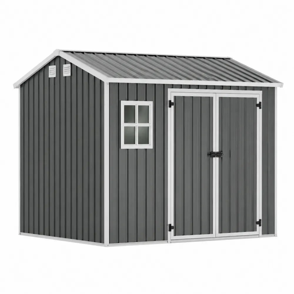 Gerätehaus Gartenschuppen rechteckig mit Doppeltür Fenster und Satteldach aus verzinktem Stahlblech Grau Weiß Schwarz 303 x 237 x 202 cm
