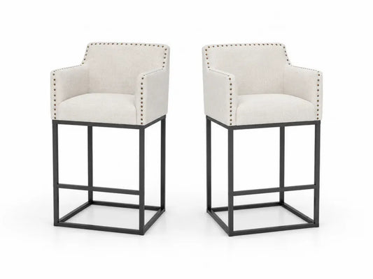 Barhocker 2er Set mit Rückenlehne und Armlehnen 60 x 56 x 103 cm Polyester Bouclé Stahl rechteckige Sitzfläche Beige Schwarz