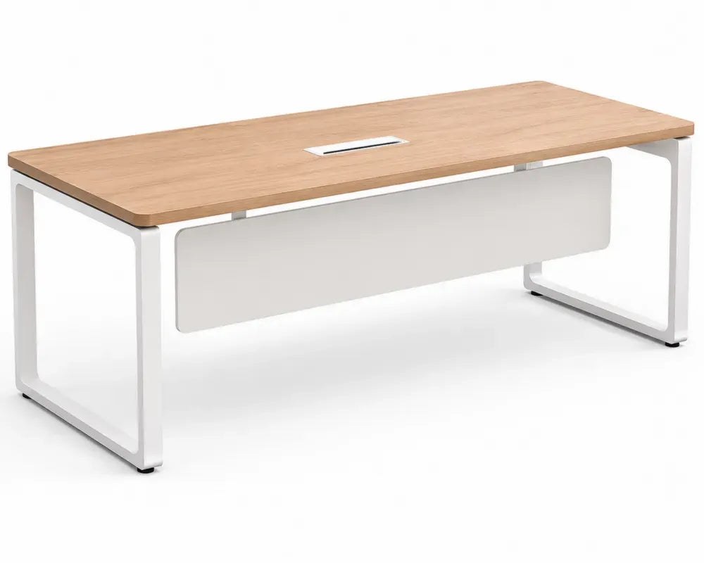 Schreibtisch mit Kabeldurchlass Frontblende und Stahlrahmen aus melaminbeschichteter Spanplatte helle Eiche Optik weiß 160 x 70 x 75 cm