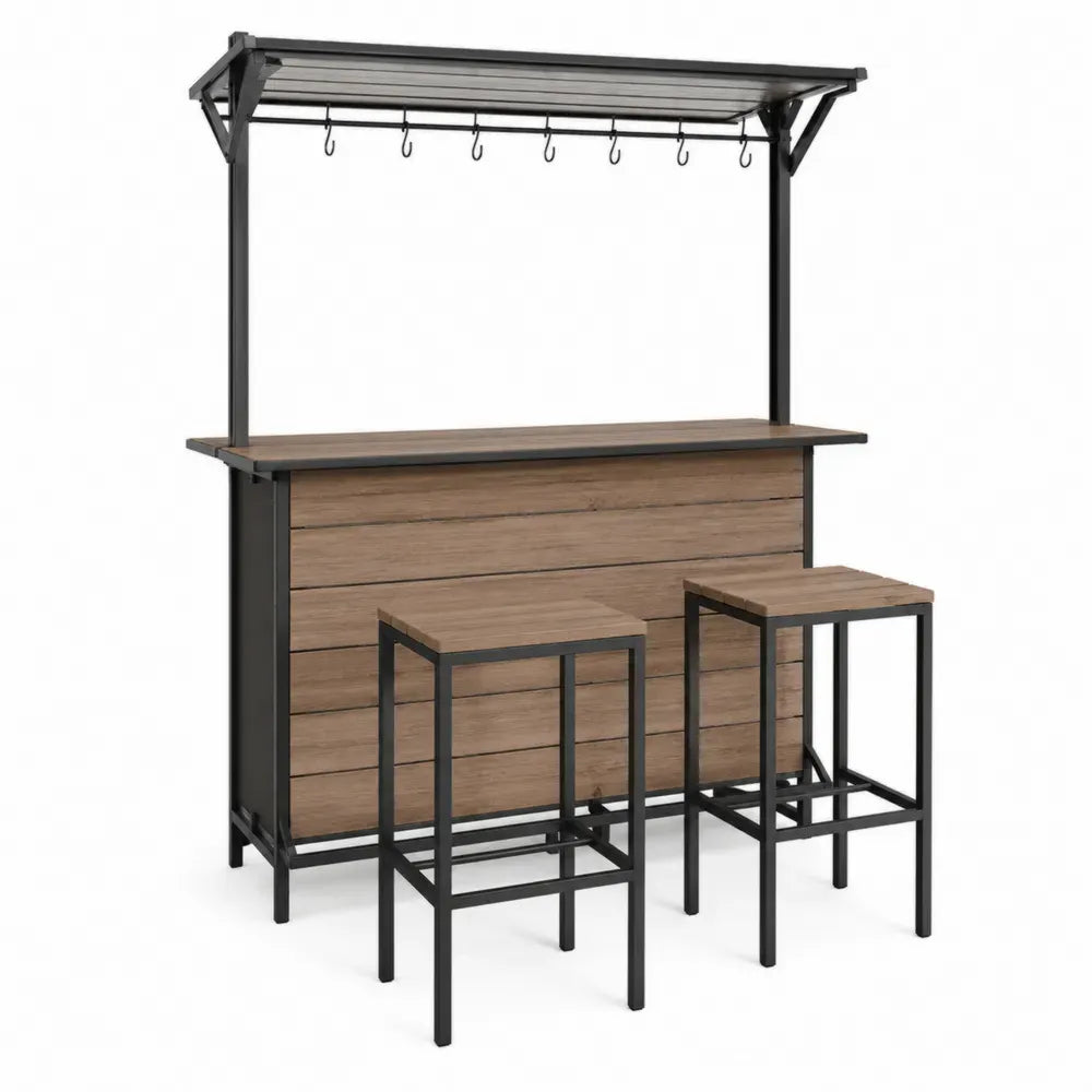 Gartenbar-Set mit Dach und 2 Barhockern 120 x 55 x 210 cm pulverbeschichteter Stahl WPC Polycarbonat rechteckig Braun Schwarz Grau