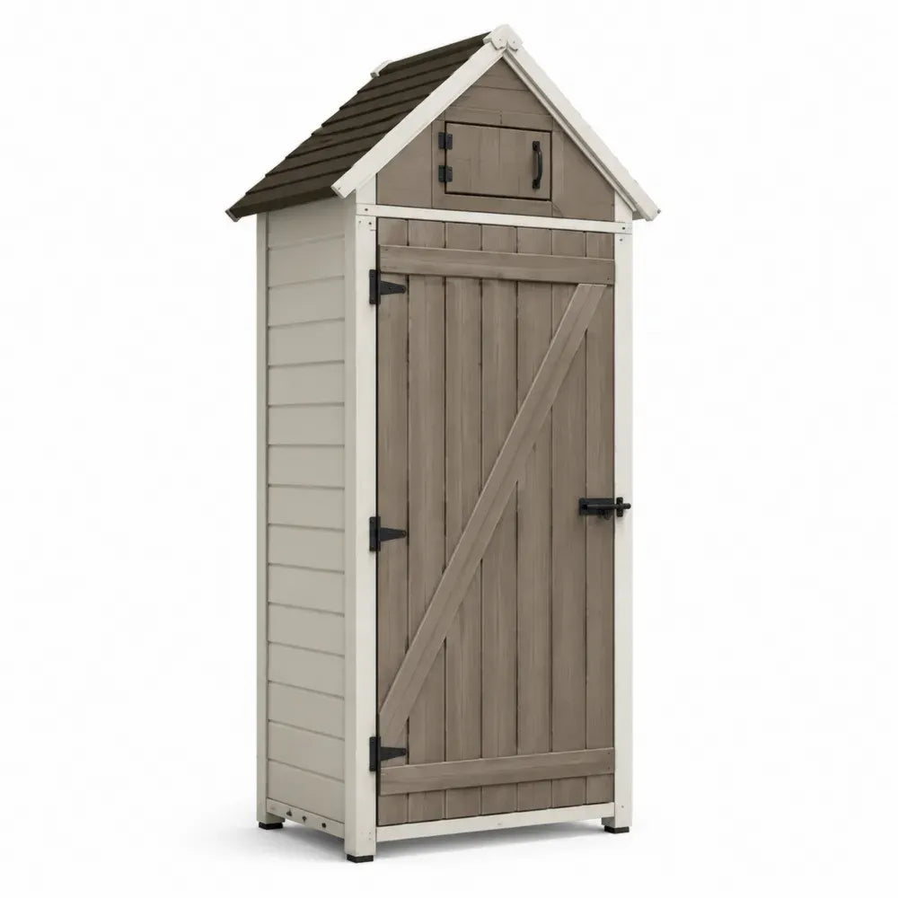 Gartenschuppen Geräteschrank mit Einzeltür oberer Klappe und Satteldach 88 x 60 x 184 cm Tannenholz Taupe Creme Anthrazit
