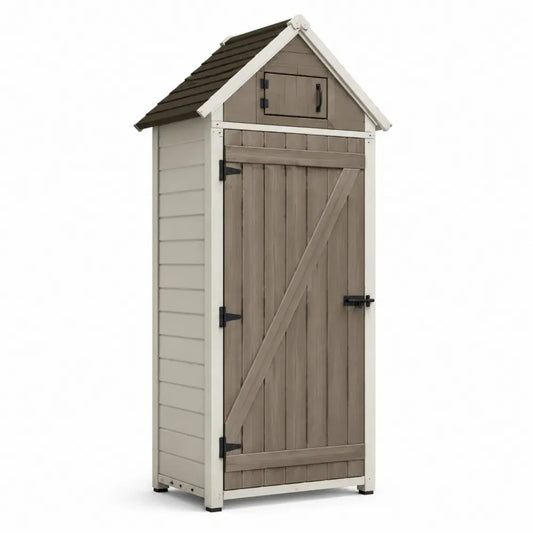 Gartenschuppen Geräteschrank mit Einzeltür oberer Klappe und Satteldach 88 x 60 x 184 cm Tannenholz Taupe Creme Anthrazit