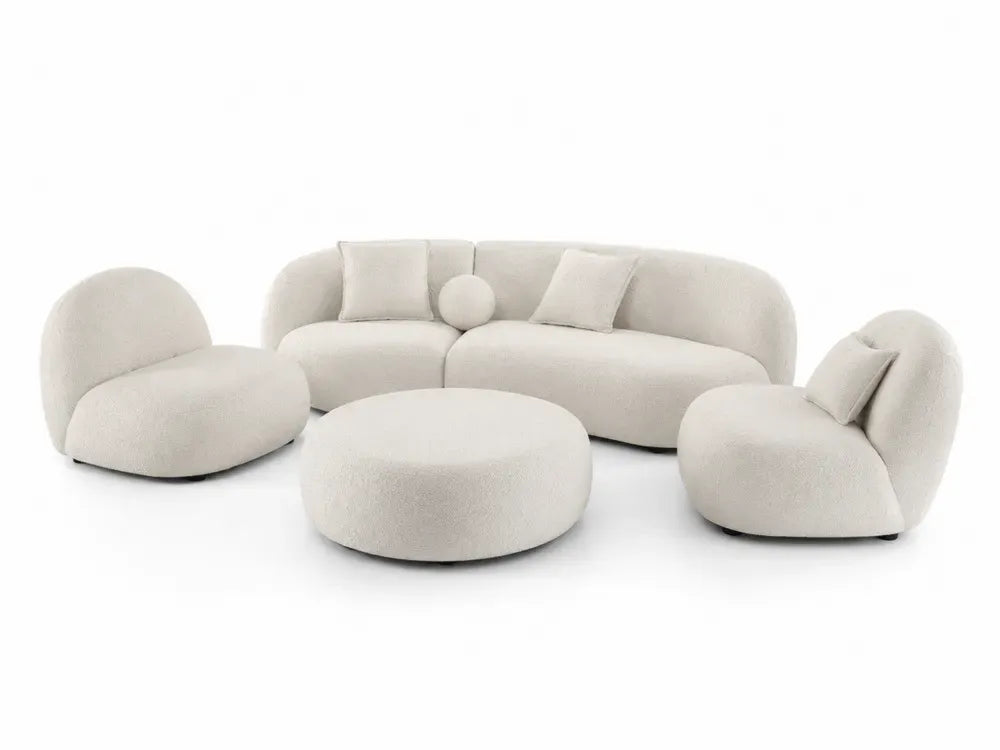 Modulsofa Set mit 2 Sesseln und rundem Hocker Polyester Bouclégewebe organische Form Cremeweiß Schwarz 360 x 250 x 75 cm