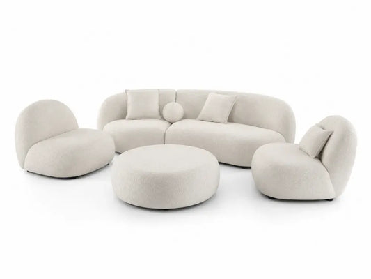 Modulsofa Set mit 2 Sesseln und rundem Hocker Polyester Bouclégewebe organische Form Cremeweiß Schwarz 360 x 250 x 75 cm