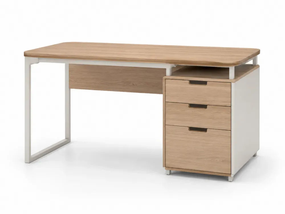 Schreibtisch mit 3 Schubladen offenem Ablagefach und Stahlgestell MDF melaminbeschichtet Holzoptik weiß 140 x 60 x 76 cm