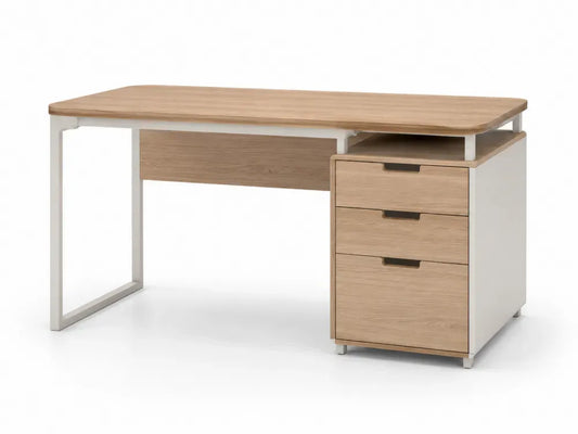 Schreibtisch mit 3 Schubladen offenem Ablagefach und Stahlgestell MDF melaminbeschichtet Holzoptik weiß 140 x 60 x 76 cm