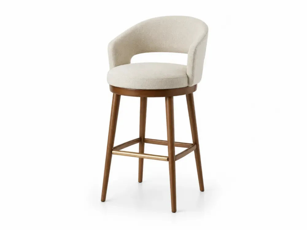 Barhocker Drehhocker mit Armlehnen Polyester-Bouclé Gummibaumholz Stahl rund beige braun messingfarben 55 x 54 x 94 cm