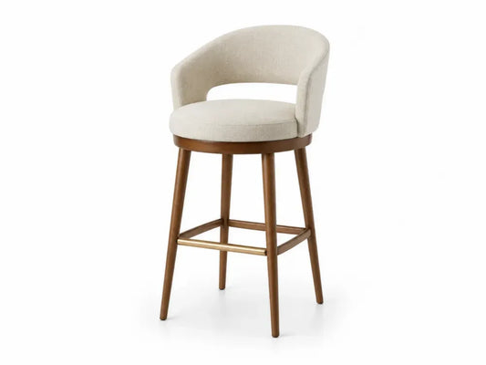 Barhocker Drehhocker mit Armlehnen Polyester-Bouclé Gummibaumholz Stahl rund beige braun messingfarben 55 x 54 x 94 cm