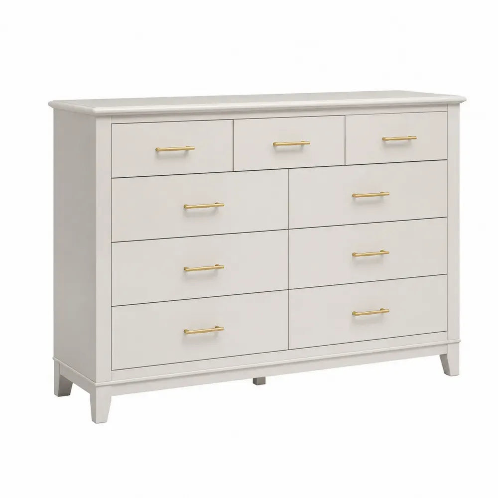 Kommode mit 9 Schubladen MDF Spanplatte Zinklegierungsgriffe rechteckig cremeweiß goldfarben 140 x 45 x 85 cm