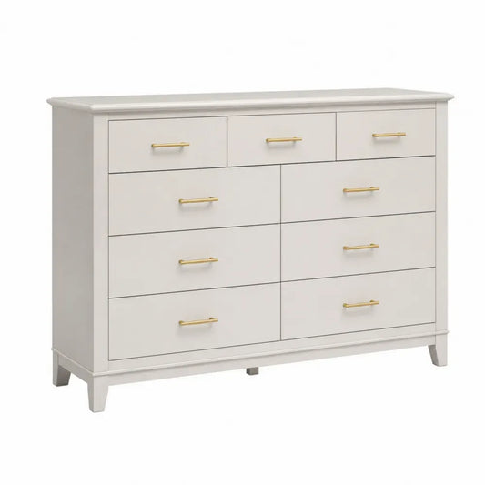 Kommode mit 9 Schubladen MDF Spanplatte Zinklegierungsgriffe rechteckig cremeweiß goldfarben 140 x 45 x 85 cm