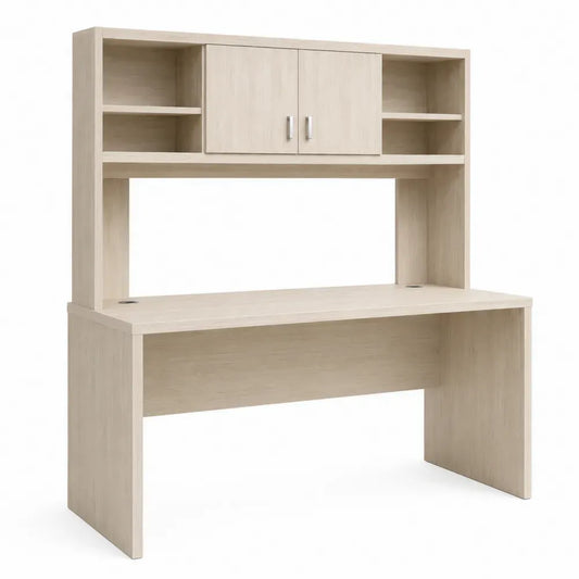 Schreibtisch mit Aufsatzschrank und offenen Regalfächern 150 x 60 x 150 cm melaminbeschichtete Spanplatte Eiche hell
