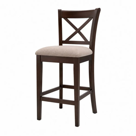 Barhocker mit Rückenlehne X-Streben Gummibaum-Massivholz Polyester rechteckige Sitzfläche dunkelbraun beige 45 x 50 x 107 cm